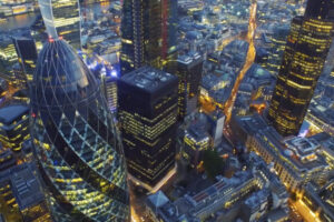 Birdseye view of London's bustling Financial district featuring the famous Gherkin